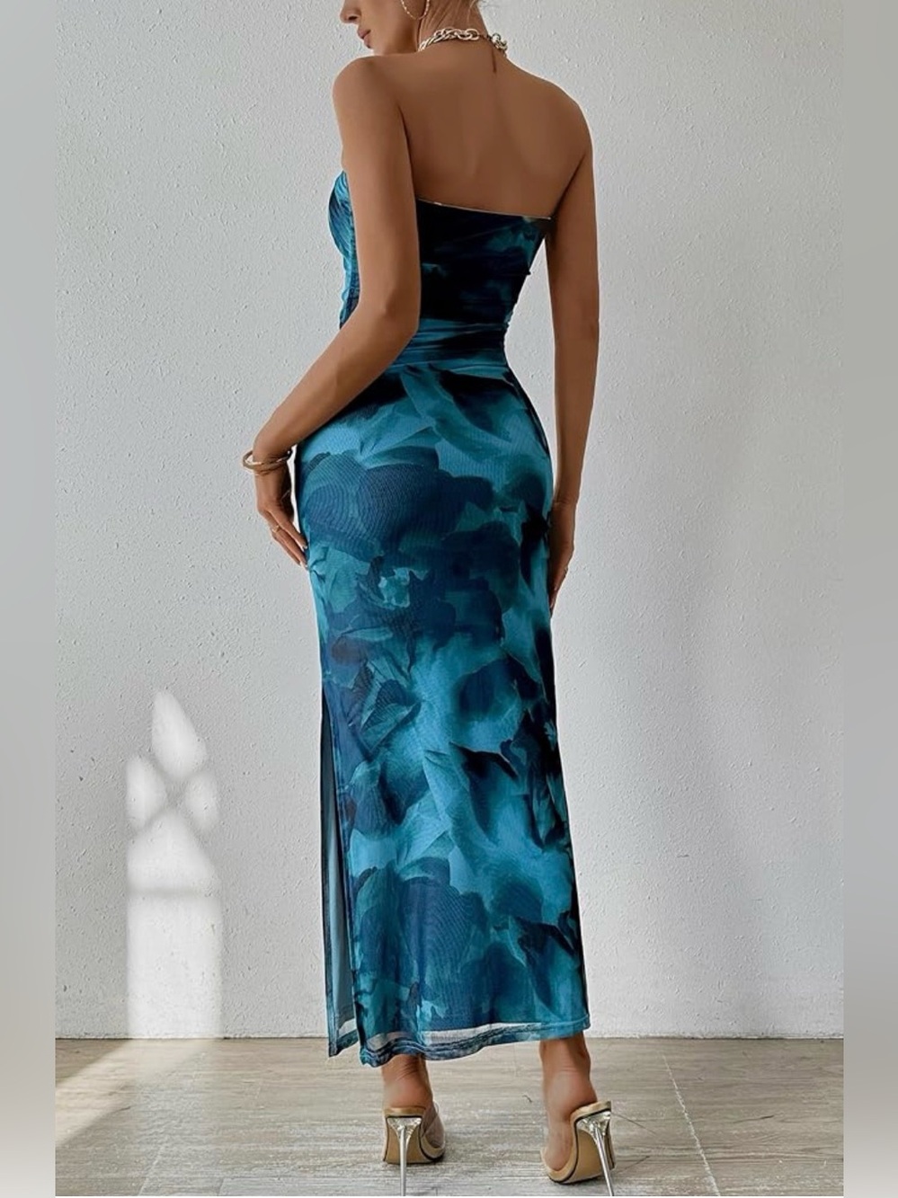 Bodycon Strapless Teal Floral Maxi Dress